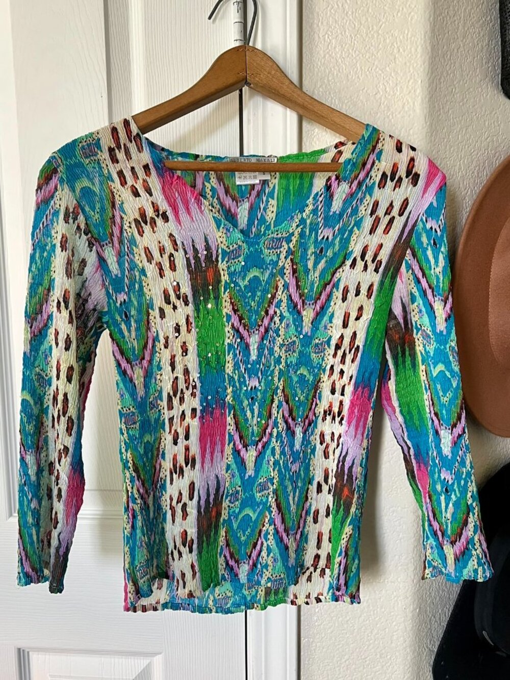 Alberto Makali Crinkled Sequined Multicolor Top (Small)